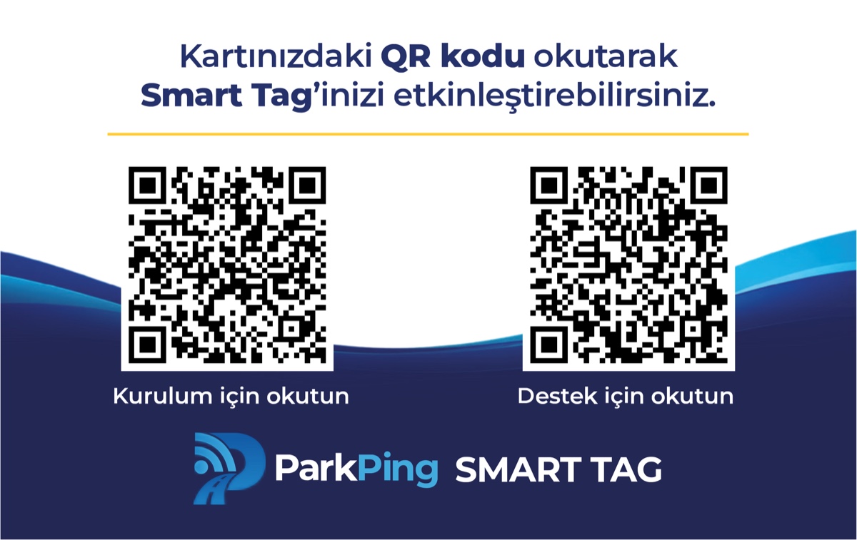 ParkPing Smart Tag arka yüzü: kurulum ve destek QR kodları