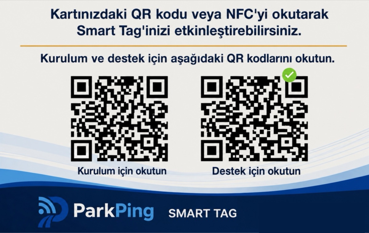 ParkPing Smart Tag arka yüzü: kurulum ve destek QR kodları