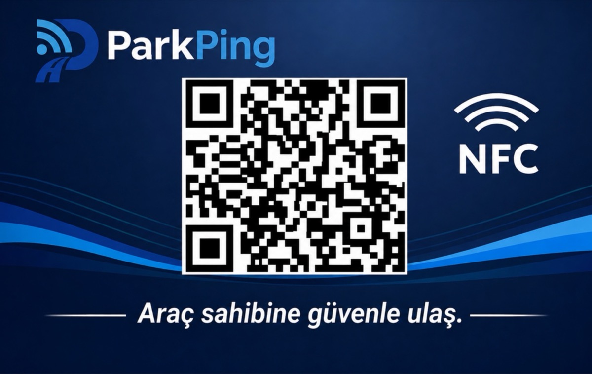 ParkPing Smart Tag ön yüzü: ParkPing logosu, araç iletişimi QR kodu ve NFC işareti