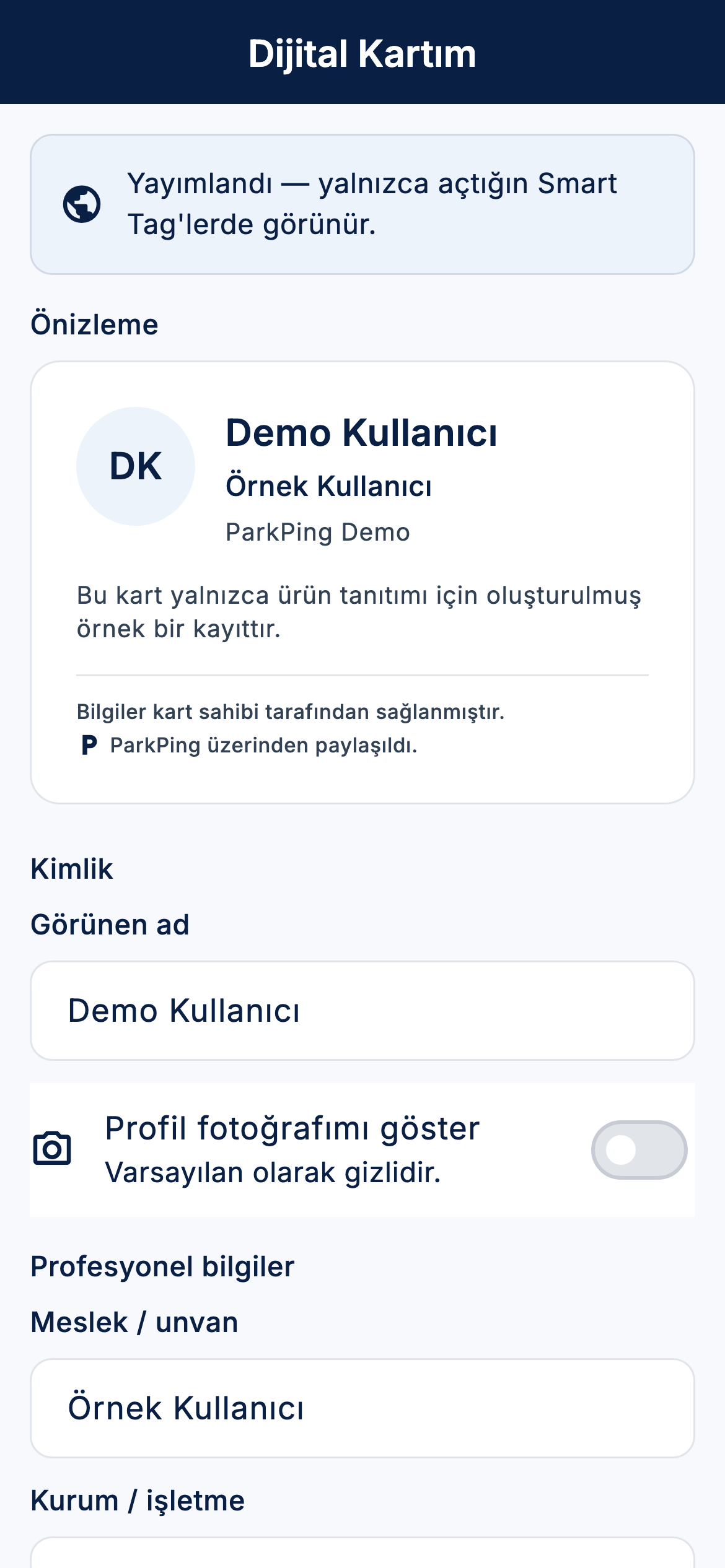 ParkPing dijital kart ekranı; kart önizlemesi ve gizlilik anahtarları