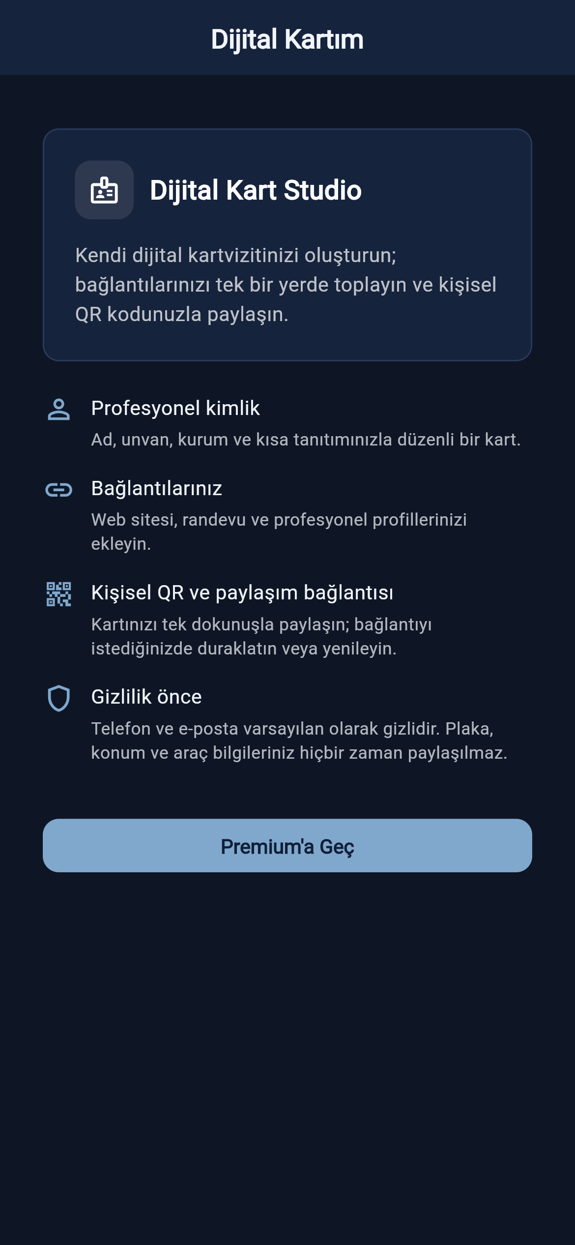 ParkPing Digital Card Studio Premium ekranı; ücretsiz planda düzenleyici yerine özelliğin ne yaptığı anlatılır