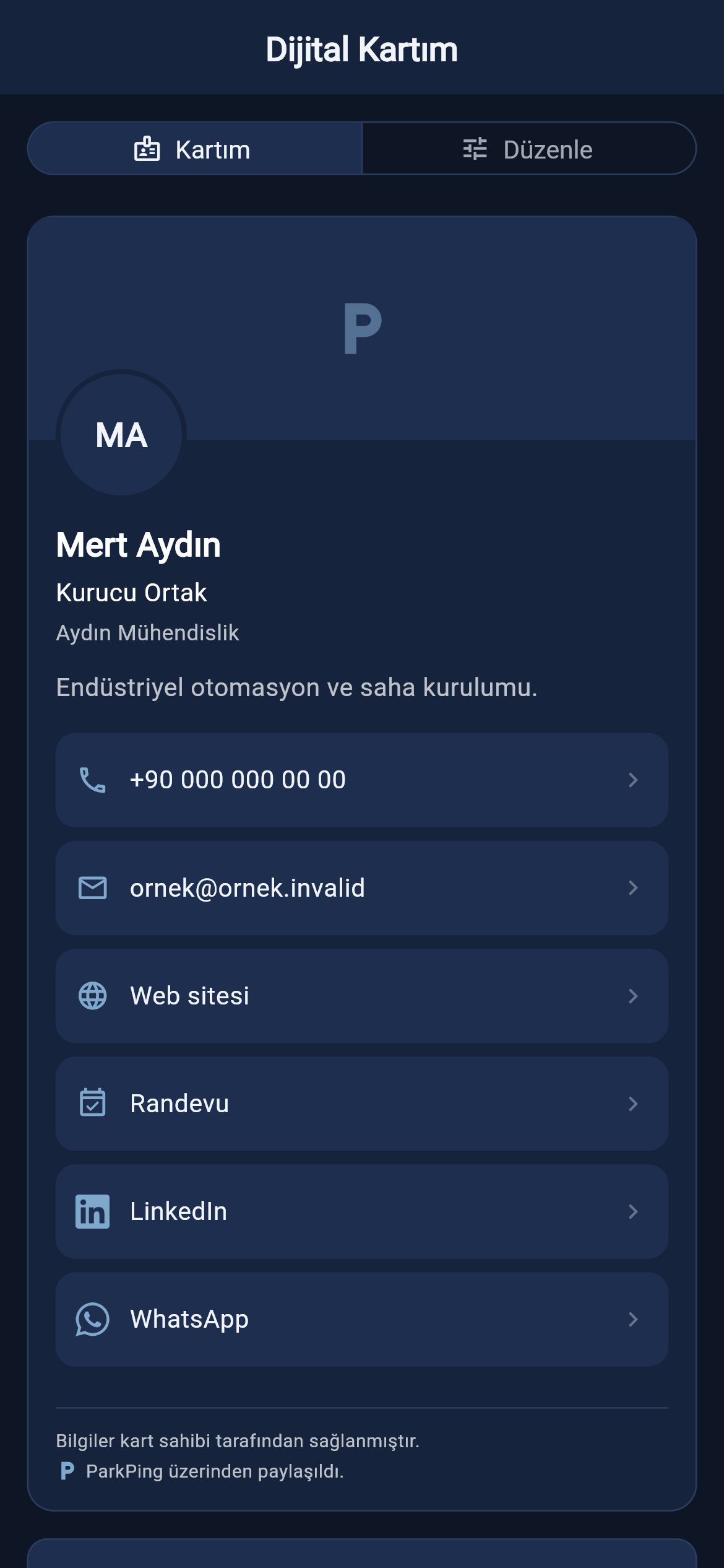 ParkPing Dijital Kartım, Kartım görünümü; doldurulmuş kart, kapak alanı ve yayın durumu