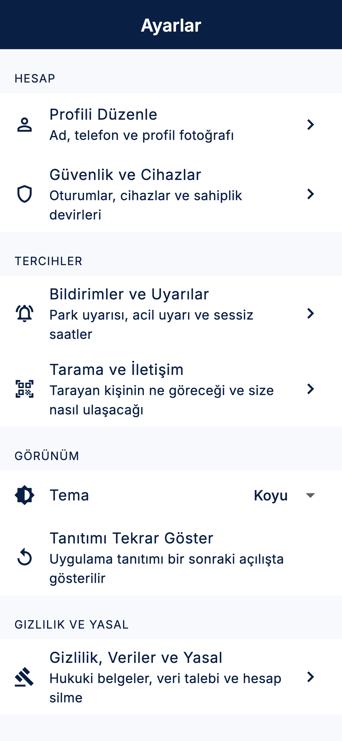 ParkPing gizlilik ekranı; veri indirme, hesap silme ve uyarı ayarları