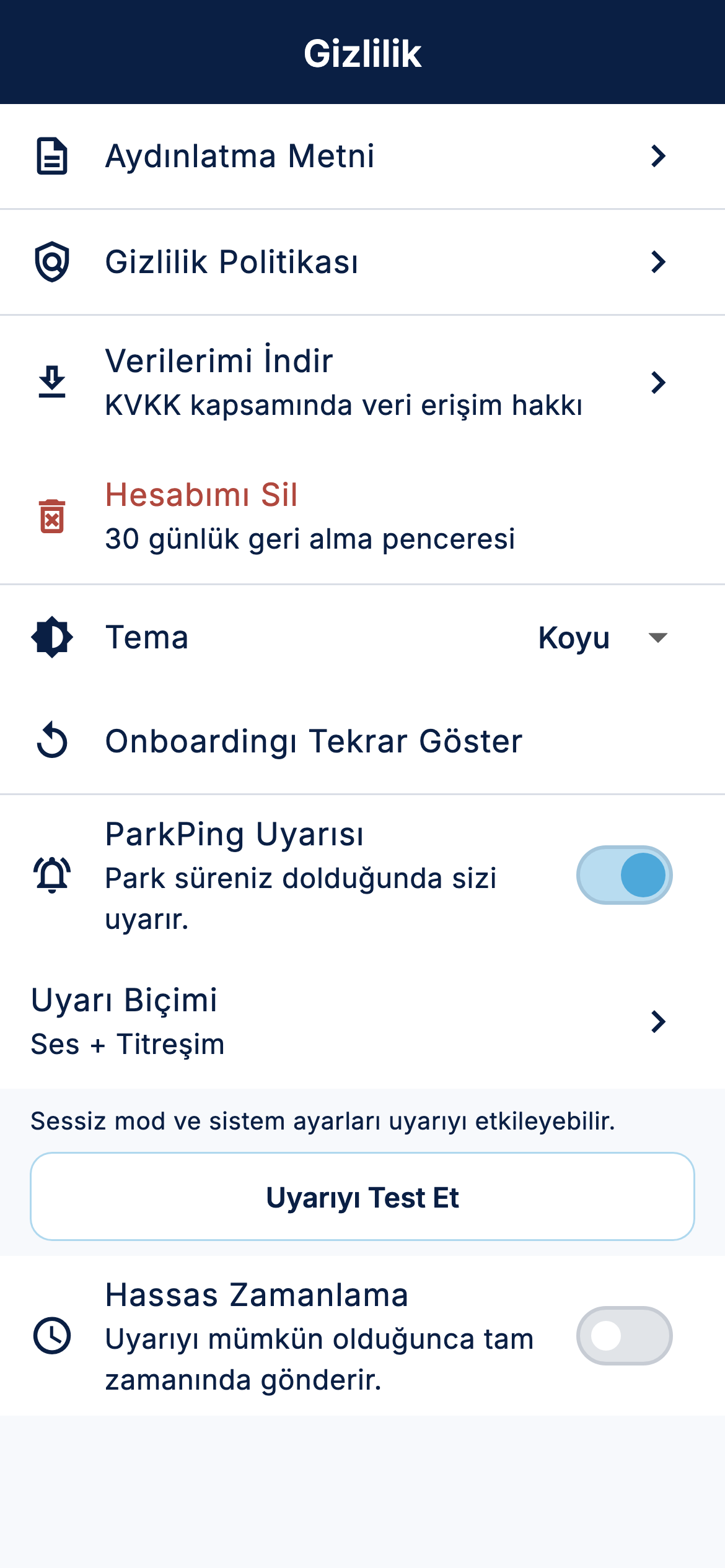 ParkPing gizlilik ekranı; veri indirme, hesap silme ve uyarı ayarları