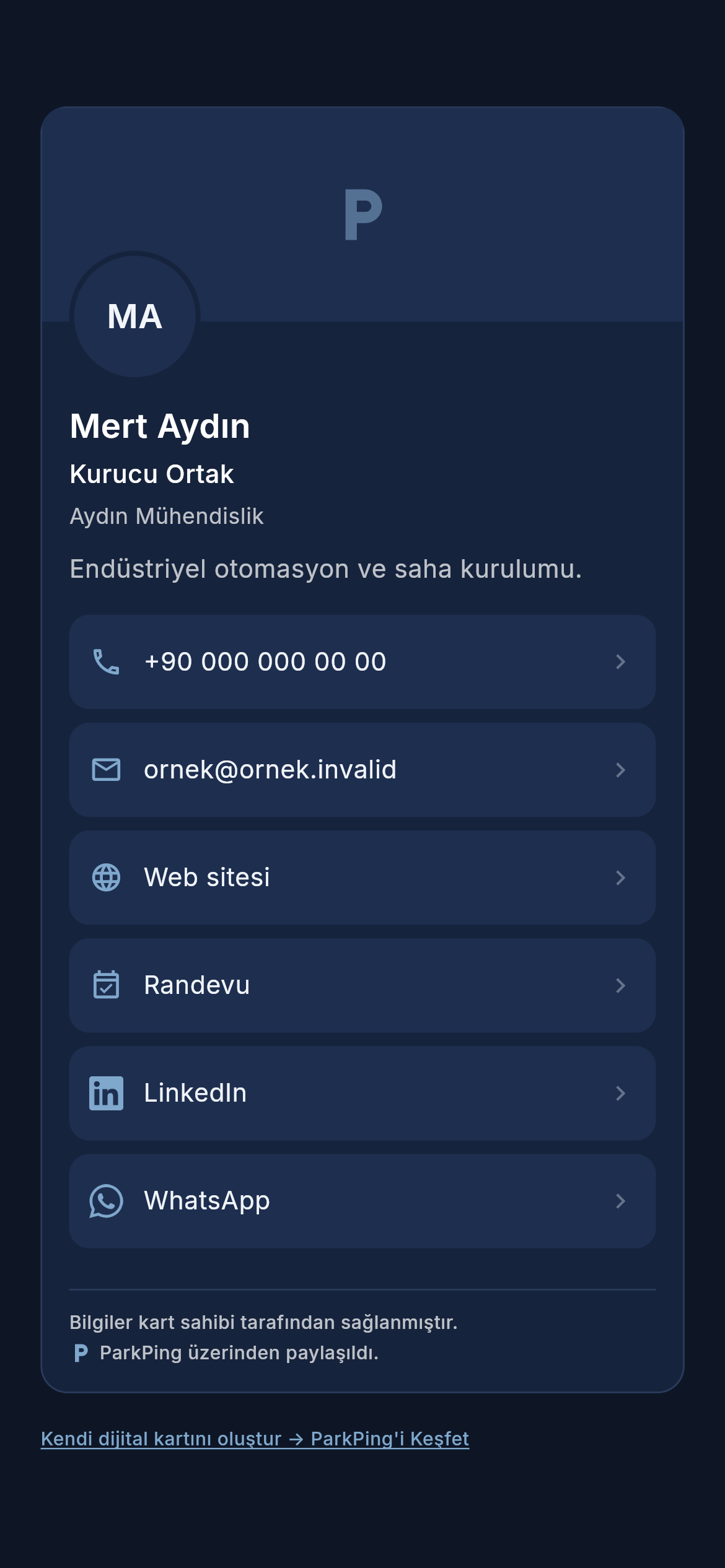 Ziyaretçinin gördüğü kamusal ParkPing dijital kartı; kimlik, tanıtım yazısı ve bağlantı listesi