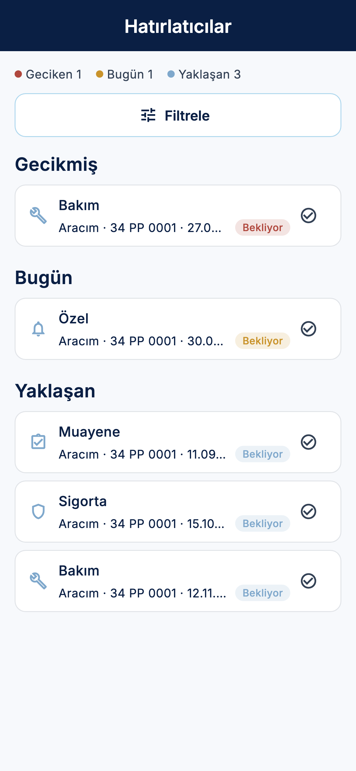 ParkPing hatırlatıcılar ekranı; geciken, bugün ve yaklaşan kayıtlar