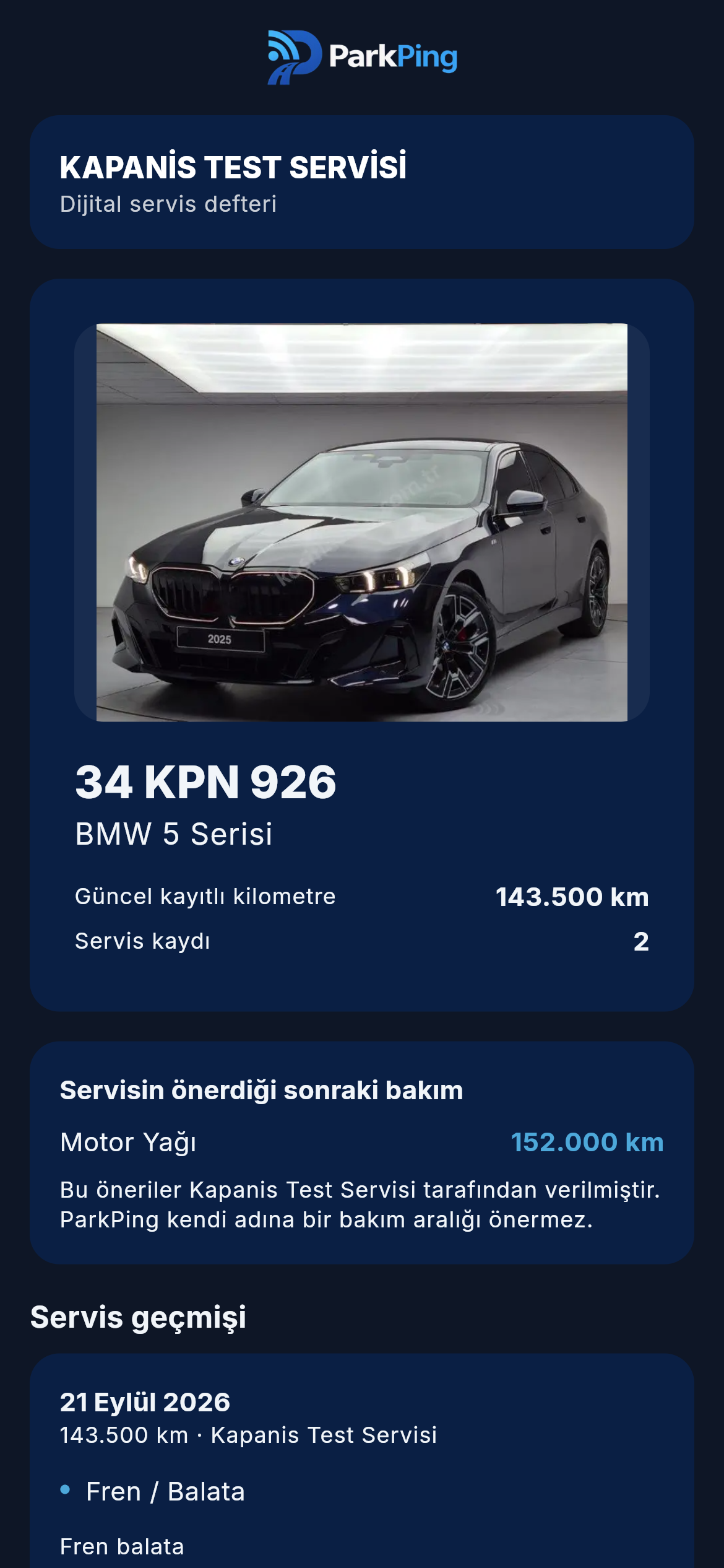 Müşterinin telefonundan açtığı dijital servis defteri