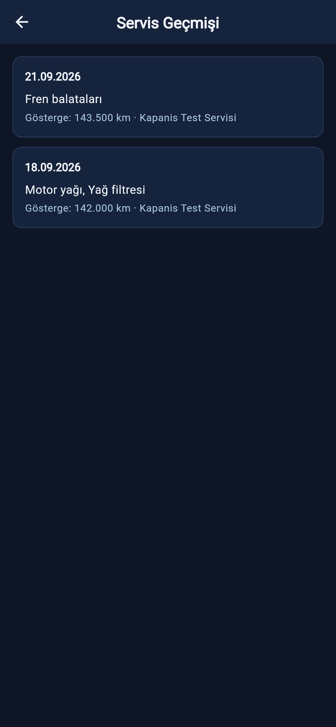 ParkPing Servis Geçmişi ekranı; her ziyaret tarihi, göstergesi ve işlemleriyle, kaydı giren işletmenin adıyla birlikte