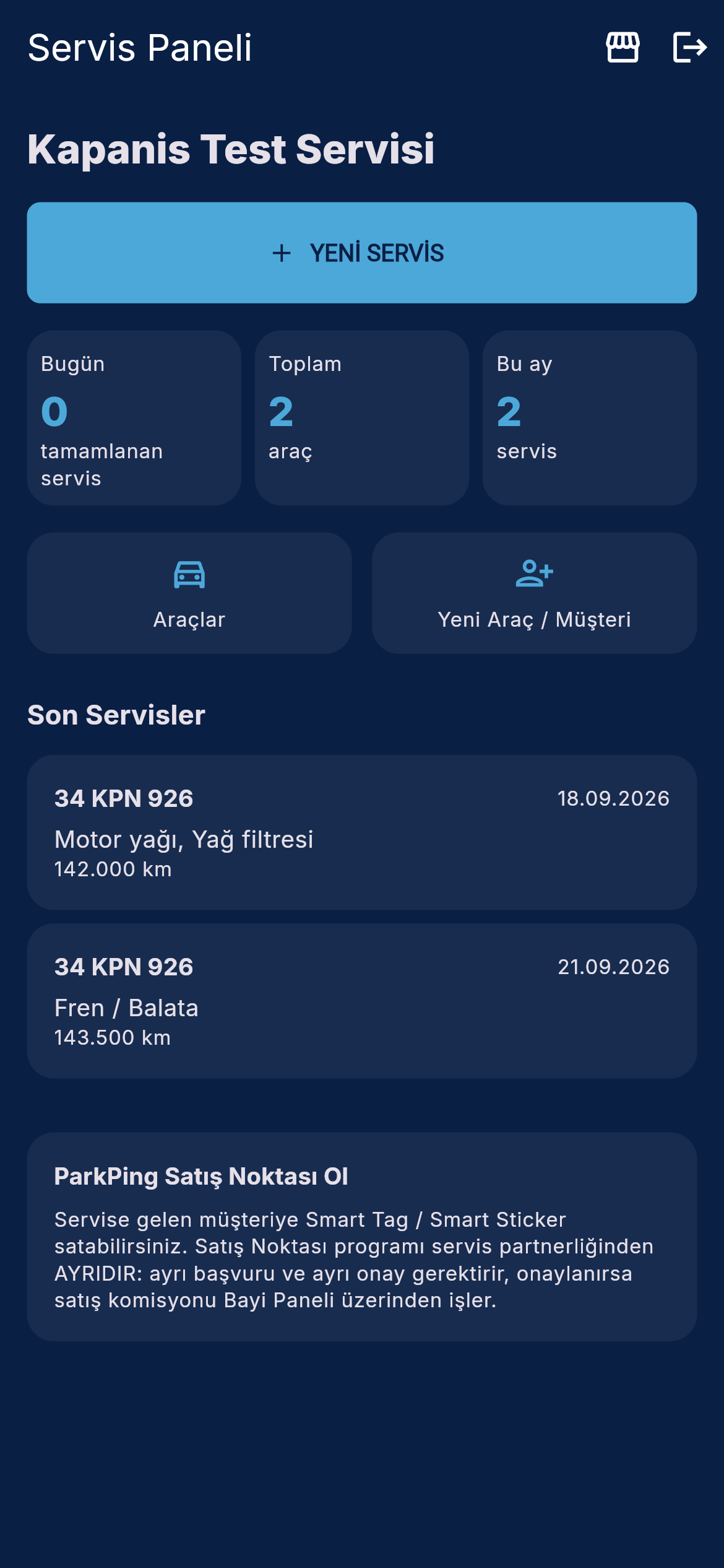 ParkPing Servis Paneli; günlük servis sayacı, araç listesi ve son servis kayıtları
