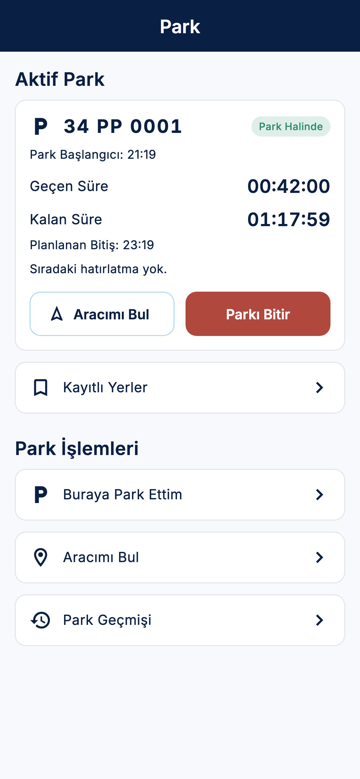ParkPing akıllı park ekranı; etkin park oturumu ve kalan süre