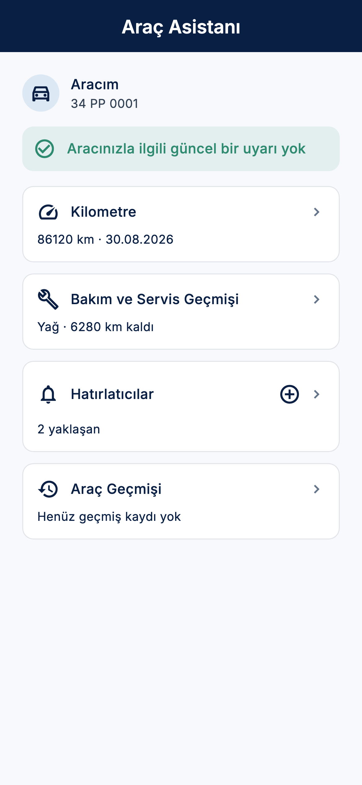 ParkPing araç asistanı ekranı; kilometre, bakım geçmişi ve hatırlatıcılar
