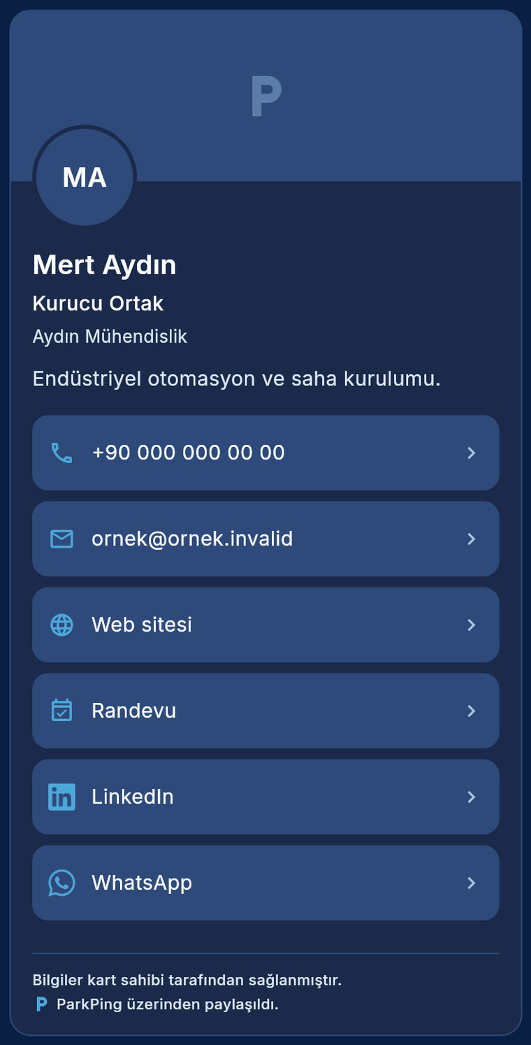 Mat Mavi temasında ParkPing dijital kartı; kapak, kimlik bilgileri ve bağlantı listesi