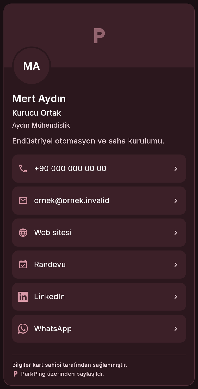 Mat Bordo temasında ParkPing dijital kartı; kapak, kimlik bilgileri ve bağlantı listesi