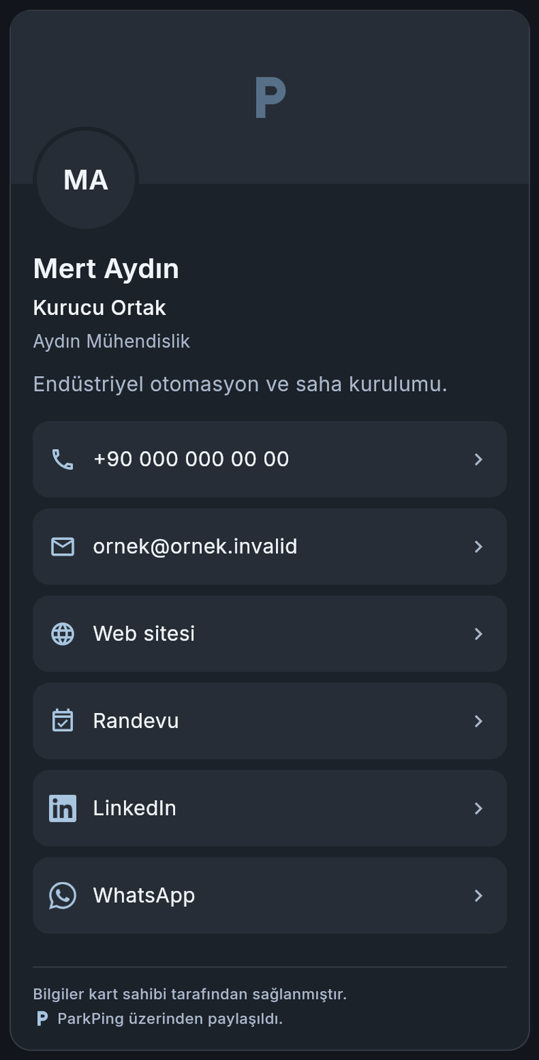 Mat Antrasit temasında ParkPing dijital kartı; kapak, kimlik bilgileri ve bağlantı listesi