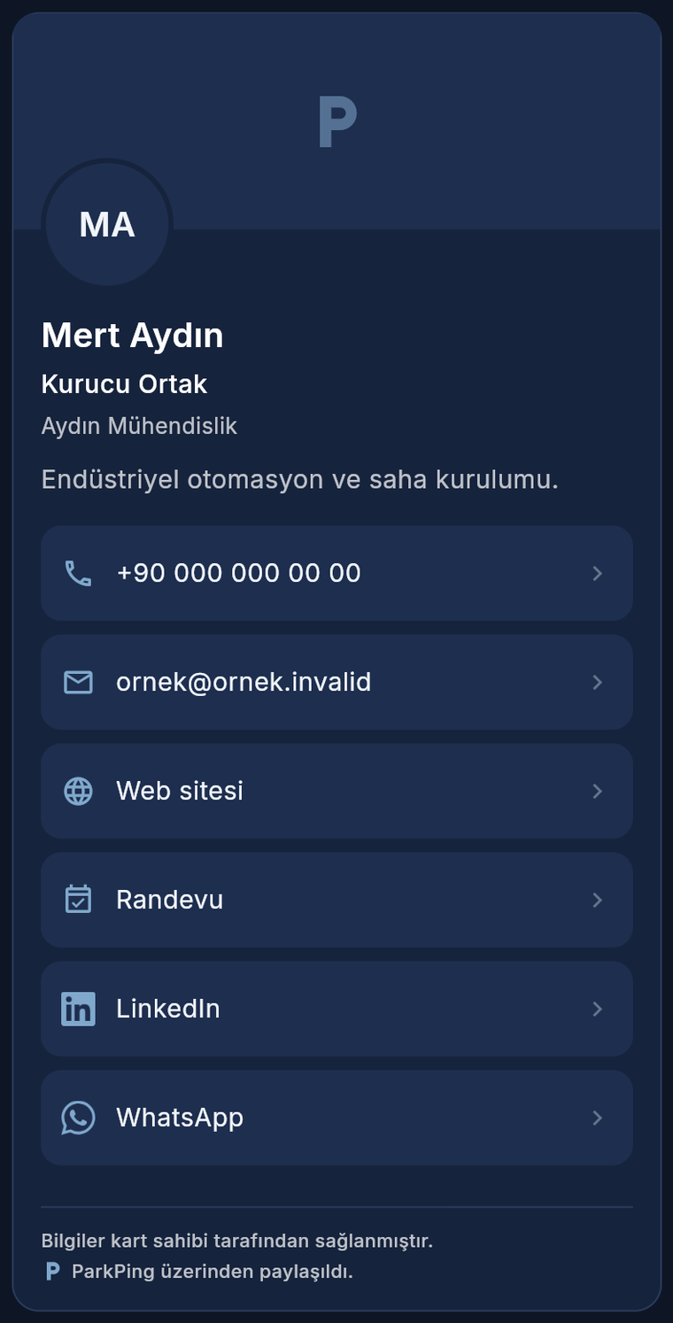 ParkPing Koyu temasında dijital kart; kimlik, tanıtım yazısı ve bağlantı listesi