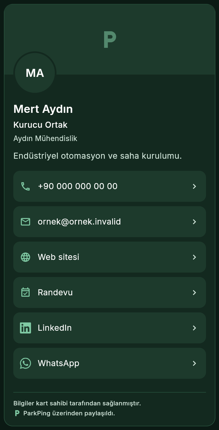 Mat Zümrüt temasında ParkPing dijital kartı