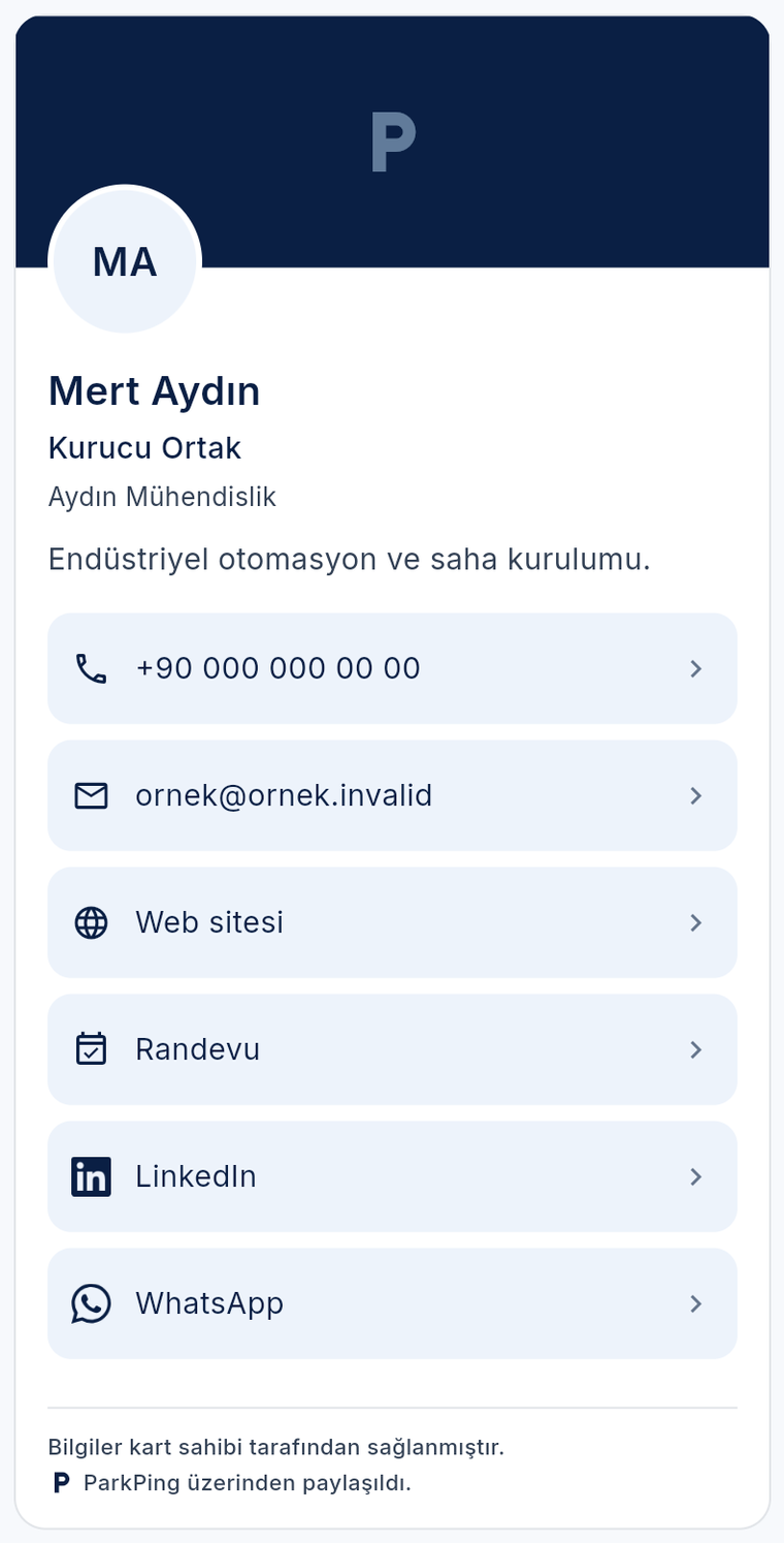 ParkPing Açık temasında ParkPing dijital kartı; kapak, kimlik bilgileri ve bağlantı listesi
