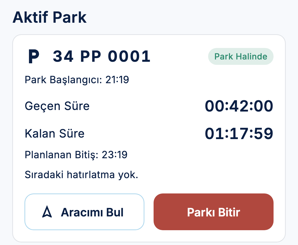 ParkPing Park Asistanı, etkin park kartı: plaka, park başlangıcı,
                    geçen ve kalan süre, planlanan bitiş ve Aracımı Bul