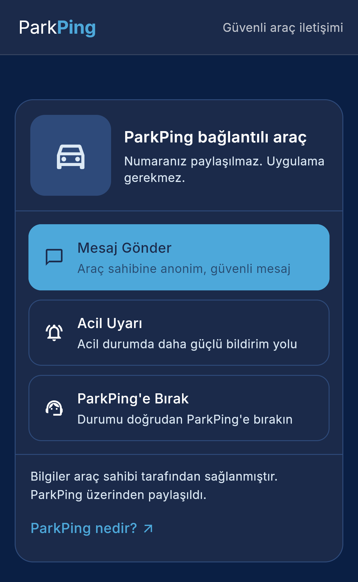 Mat Mavi temasında ParkPing tarama ekranı; Mesaj Gönder, Acil Uyarı ve ParkPing'e Bırak seçenekleri