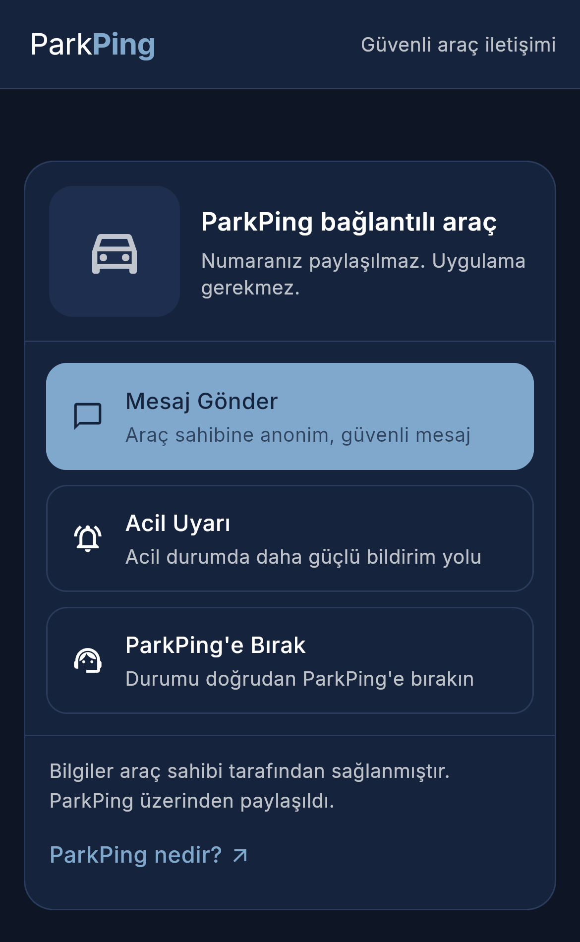 ParkPing Koyu temasında ParkPing tarama ekranı; Mesaj Gönder, Acil Uyarı ve ParkPing'e Bırak seçenekleri