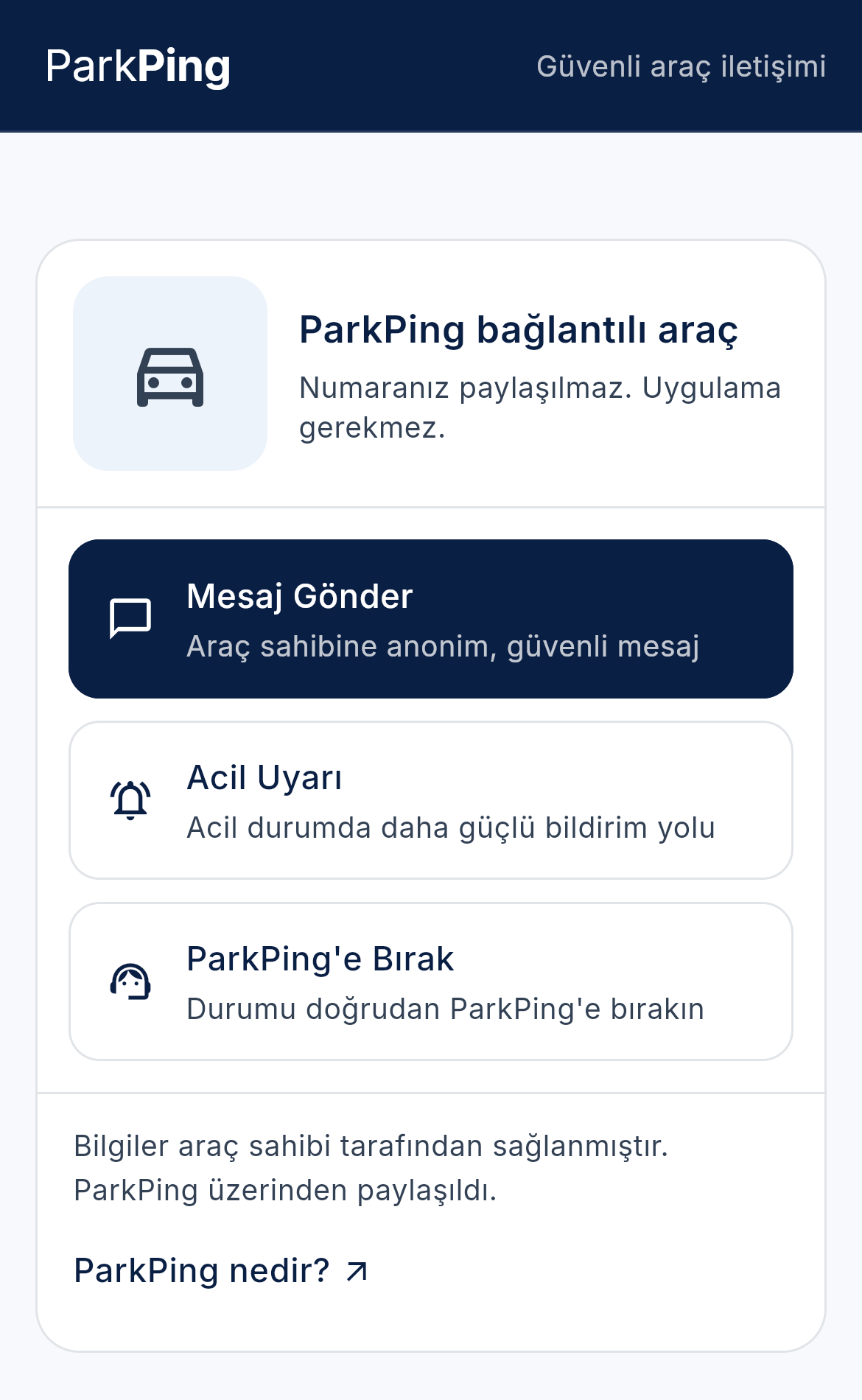 ParkPing Açık temasında ParkPing tarama ekranı; Mesaj Gönder, Acil Uyarı ve ParkPing'e Bırak seçenekleri