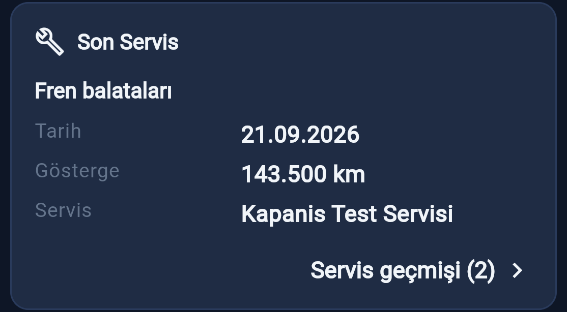 Son Servis kartı; işlem, tarih, gösterge ve servisin adı