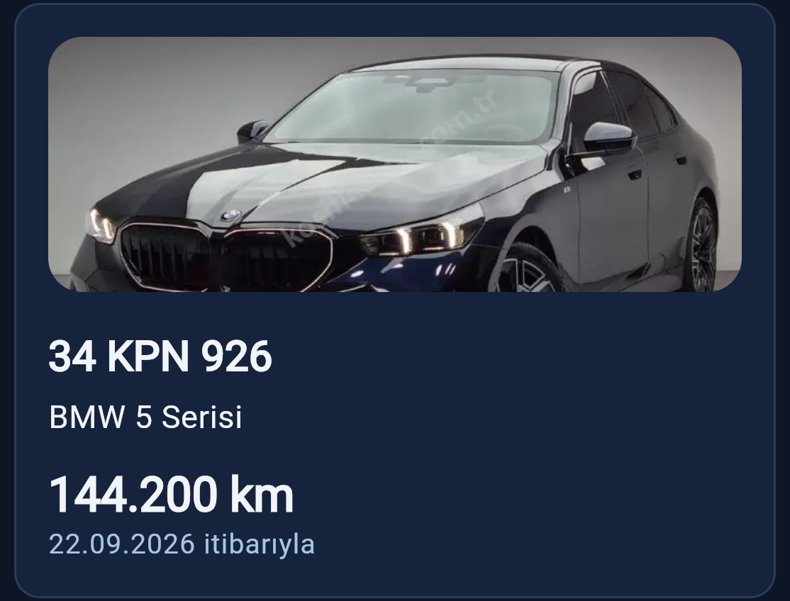 ParkPing Araç Asistanı; BMW 5 Serisi, 34 KPN 926 plakası ve
                      güncel kilometre